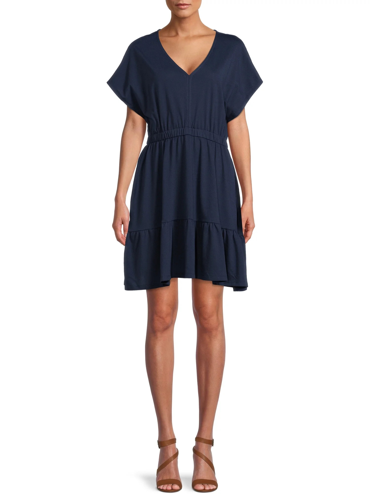 Time and Tru Women's Short Sleeve Knit V-Neck Tiered Dress | Walmart (US)