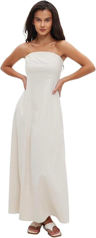 Sexy Bustier Maxi Dresses for Women – Elegant Casual Cotton Linen A-Line Strapless Dress for Va... | Amazon (US)