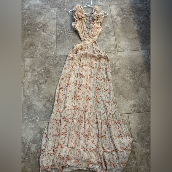 Fate Floral Print Maxi Dress in Cream and Red lace up open back | Poshmark