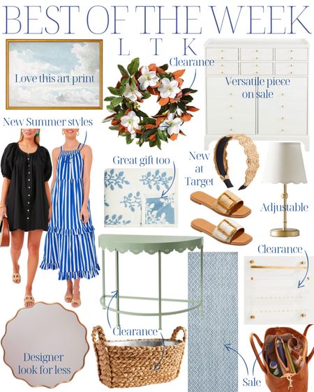 Best of the week! Blue sky cloud print, blue and white art, sale and clearance finds, magnolia spring summer wreath, white entry table chest organizer dresser apothecary cabinet, scalloped lamp shade, scalloped lamp, nursery lamp, scalloped rattan headband, scalloped table, scalloped wavy mirror, rattan woven party bucket outdoor entertaining, blue and white performance rug, acrylic wall jewelry organizer, leather crossbody shoulder handbag purse monogrammed personalized, blue and white floral blanket Mother’s Day gift, blue and white dress, black dress, button dress, summer style, summer outfit, ootd 

#LTKhome #LTKstyletip #LTKunder100