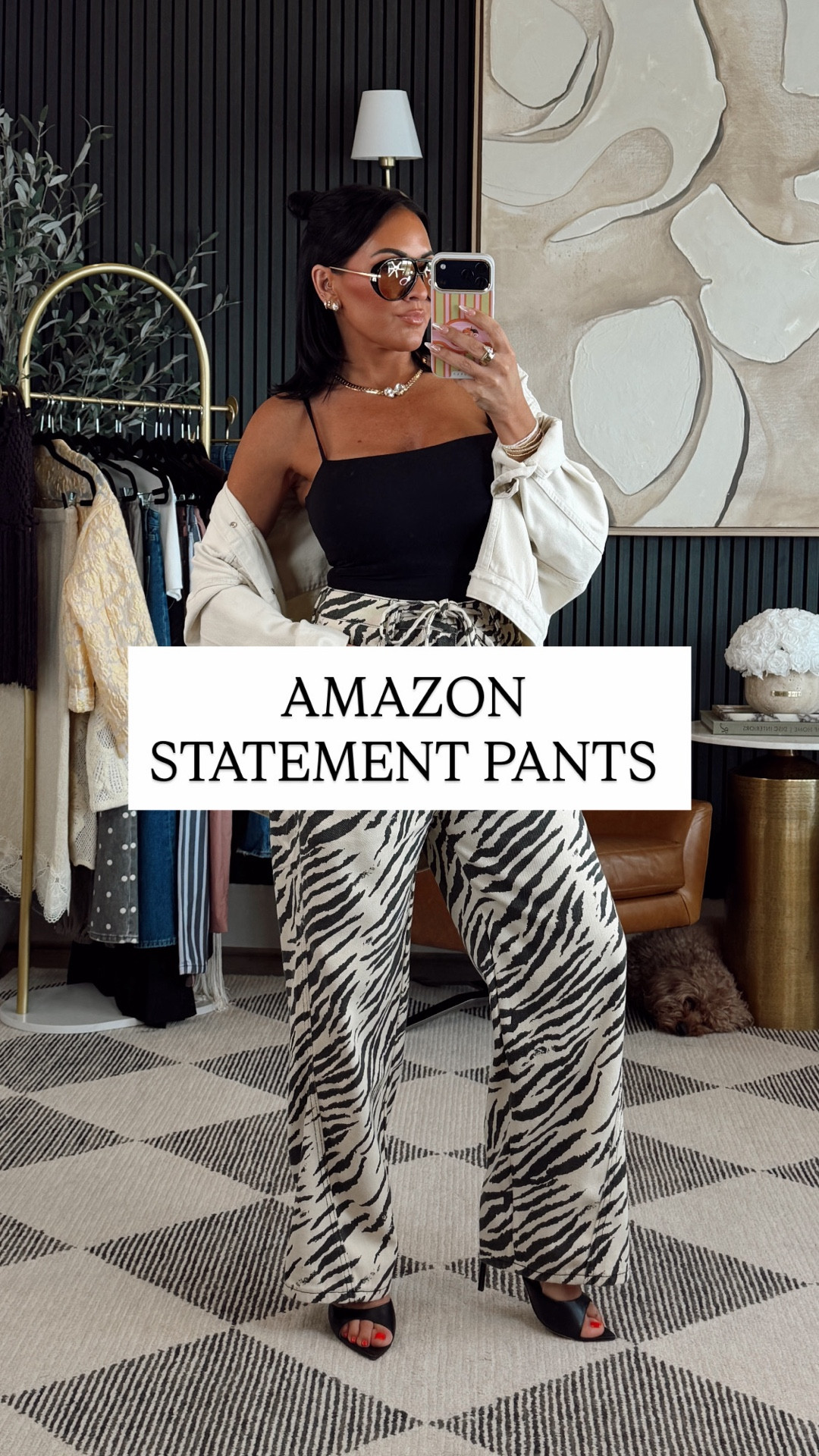 Babes I created this look and I’m so here for it. 🖤

It’s giving effortless, elevated, and just the right amount of bold with these zebra pants. The neutral jacket tones everything down while the black bodysuit keeps it sleek and flattering.

Wearing a small

5’2” • 130 lbs • 25” waist • 34DD • size small

#PetiteFashion #Over40Style #AmazonFashion #EffortlessStyle #ChicStyle