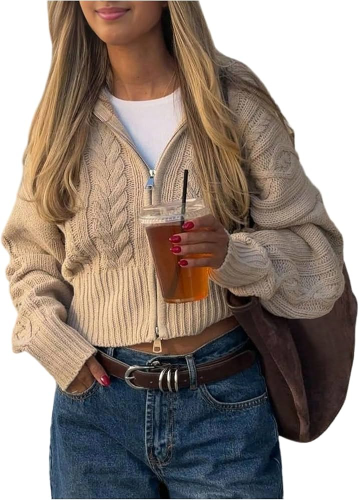 GORGLITTER Women's Cable Knit Cropped Zip Up Sweater Y2k Oversized Long Sleeve Vintage Fall Cozy ... | Amazon (US)