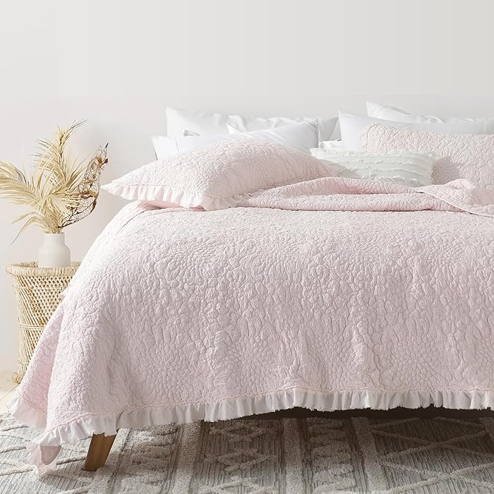 HORIMOTE HOME Pink Ruffled Quilt Twin Size, Stone-Washed Microfiber Lightweight Crinkled Farmhous... | Amazon (US)
