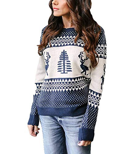 EXLURA Patterns Reindeer Ugly Christmas Crew Neck Long Sleeve Sweater Jumper Pullover Knitted Pri... | Amazon (US)