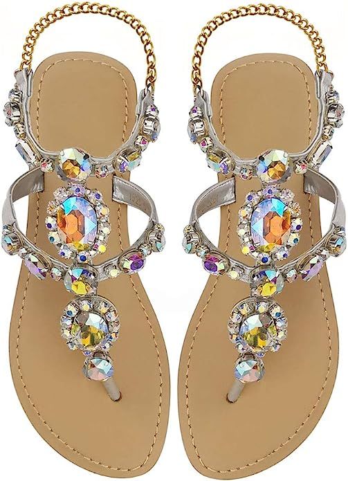 Hinyyrin Women's Rhinestone Flat Sandals, Dresses Beach Bridal Wedding Shoes, Bohemian Crystal Sa... | Amazon (US)