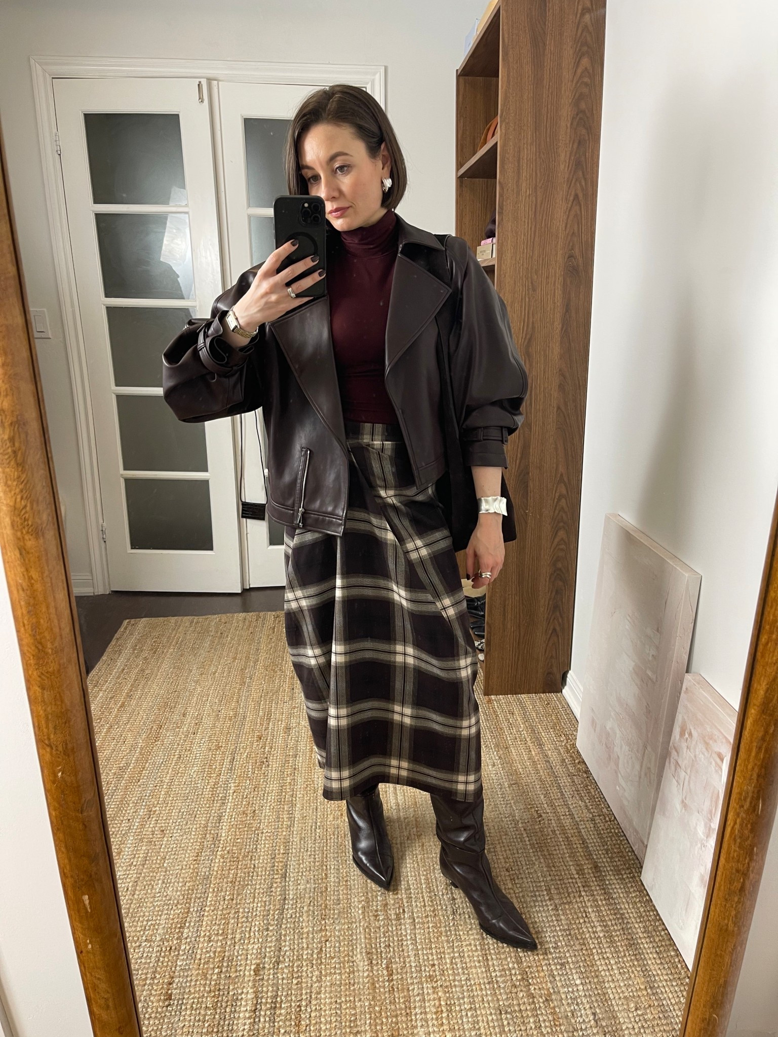 Plaid skirt (2), faux leather jacket (s, use code Sansha15), brown boots

#LTKStyleTip #LTKSeasonal