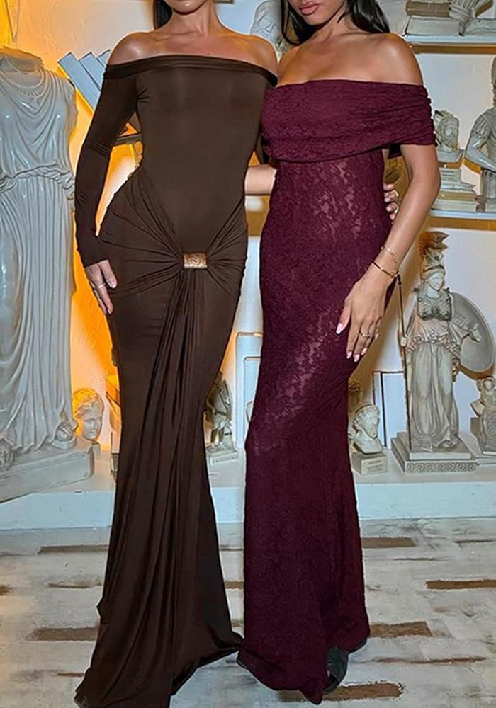 Unybwonn Sexy Off Shoulder Maxi Dress for Women Bodycon Stretchy Long Sleeve Wrap Dresses Party C... | Amazon (US)
