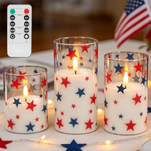 LUSHARBOR Patriotic Flameless Candles with Remote, 4th of July Battery Operated Candles with Star Decor, Set of 3 Glass LED Electric Candles for Home Party Patriotic Holiday Decor | Amazon (US)