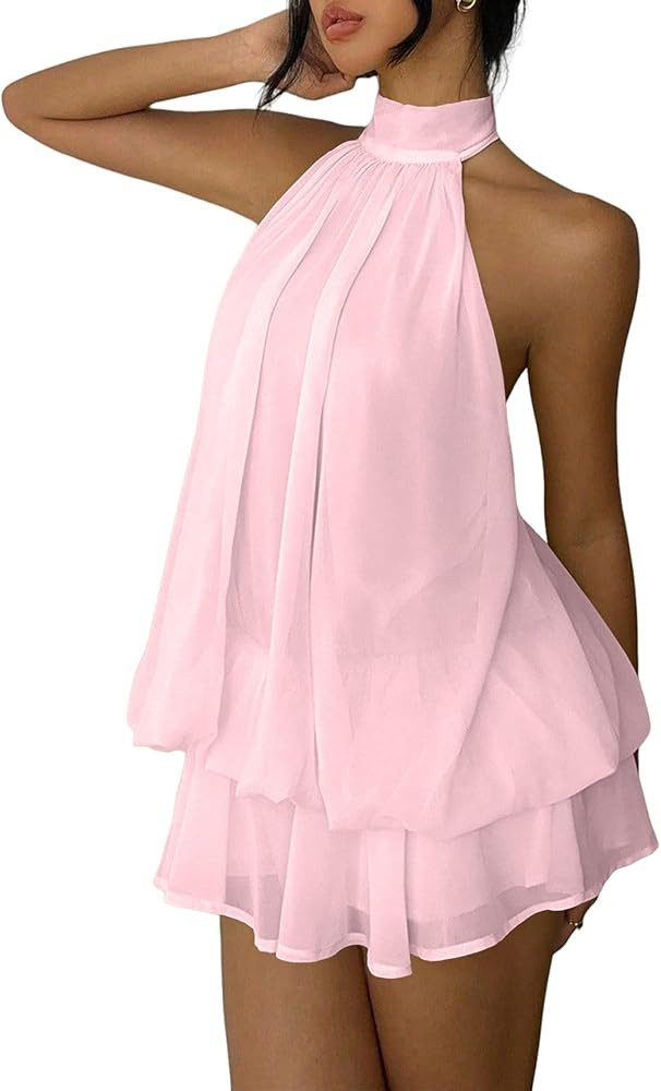 Women's Chiffon Halter Drop Waist Mini Dress Wedding Guest Dresses Ruffle Formal Holiday Club Bru... | Amazon (US)