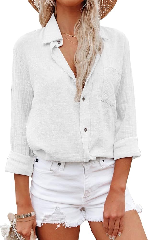 Womens Button Down Shirts Gauze Cotton Dress Shirt Long Sleeve Oversized Boyfriend Solid Tunic To... | Amazon (US)