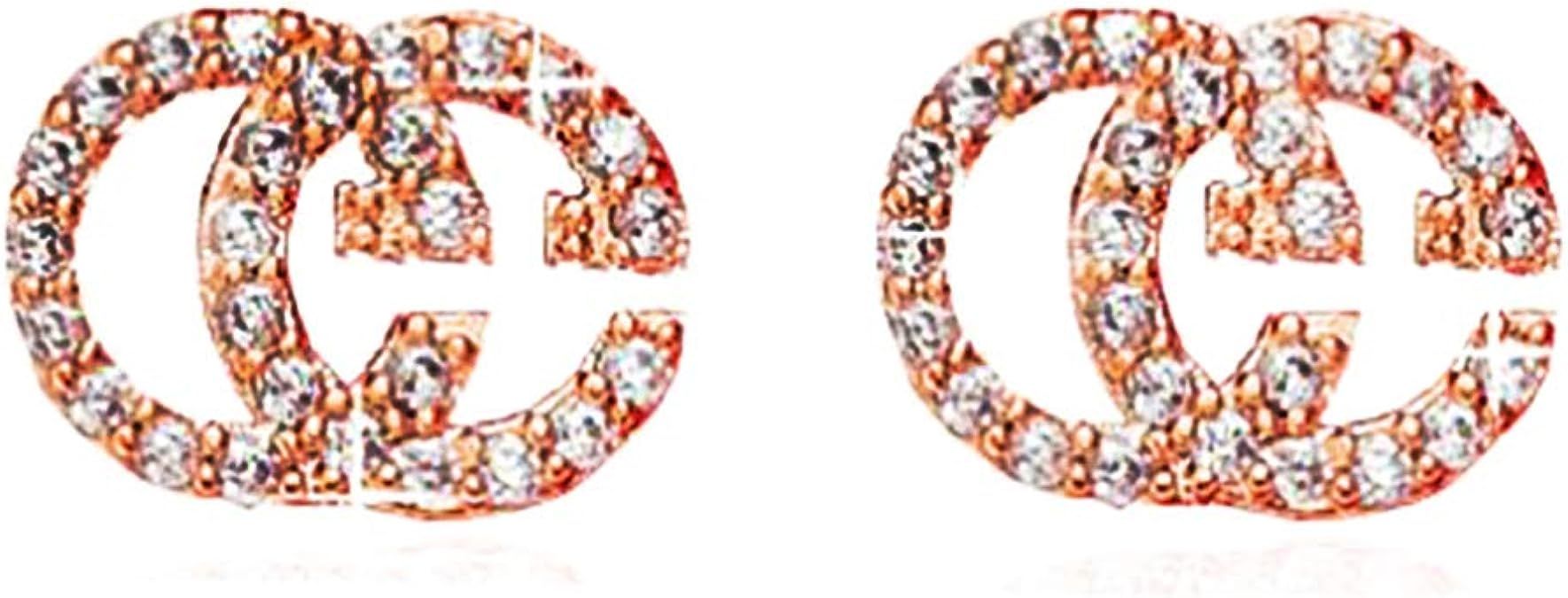 MixiuEuro Women Double Letter G Earrings Rose Gold Plated 925 Sterling Silver Cubic Zirconia Eleg... | Amazon (UK)