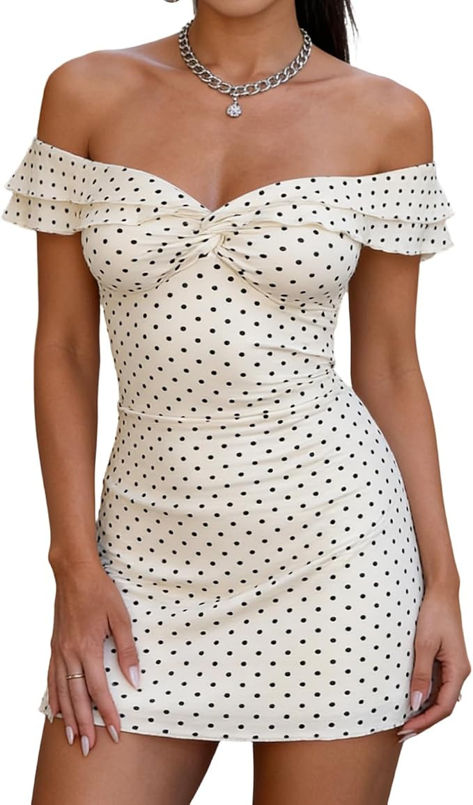 WenaZao Womens Polka Dot Mini Dress Off The Shoulder Twist Front Frill Trim Bodycon Short Dresses... | Amazon (US)