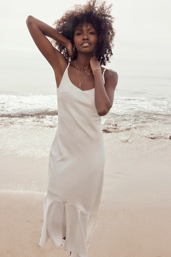 Strictly Romance White Satin Asymmetrical Tiered Midi Dress | Lulus (US)