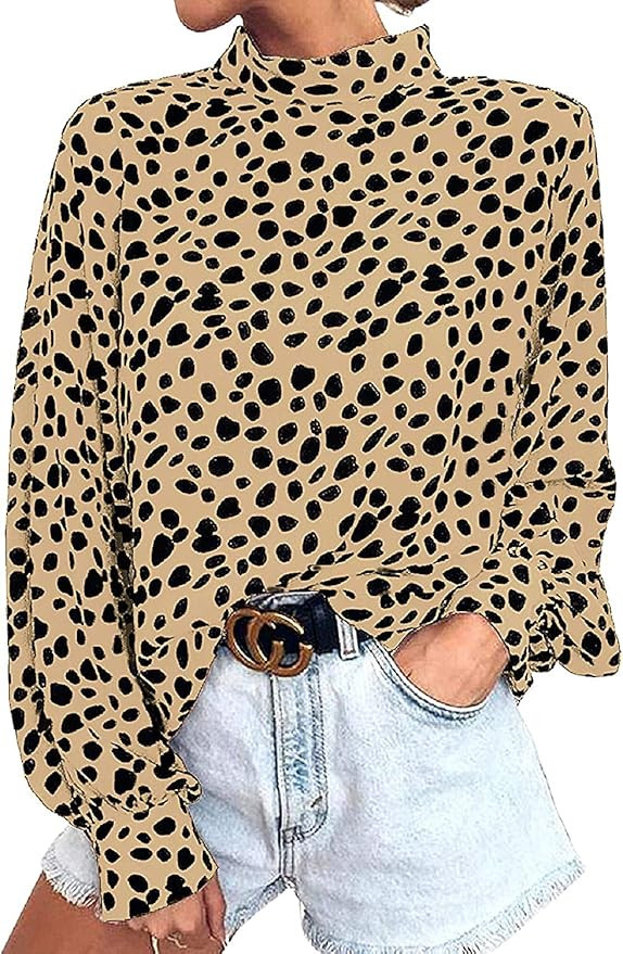 Valphsio Womens Long Sleeve Turtleneck Blouse Leopard Print Loose Nightout Shirt Tops Khaki at Am... | Amazon (US)