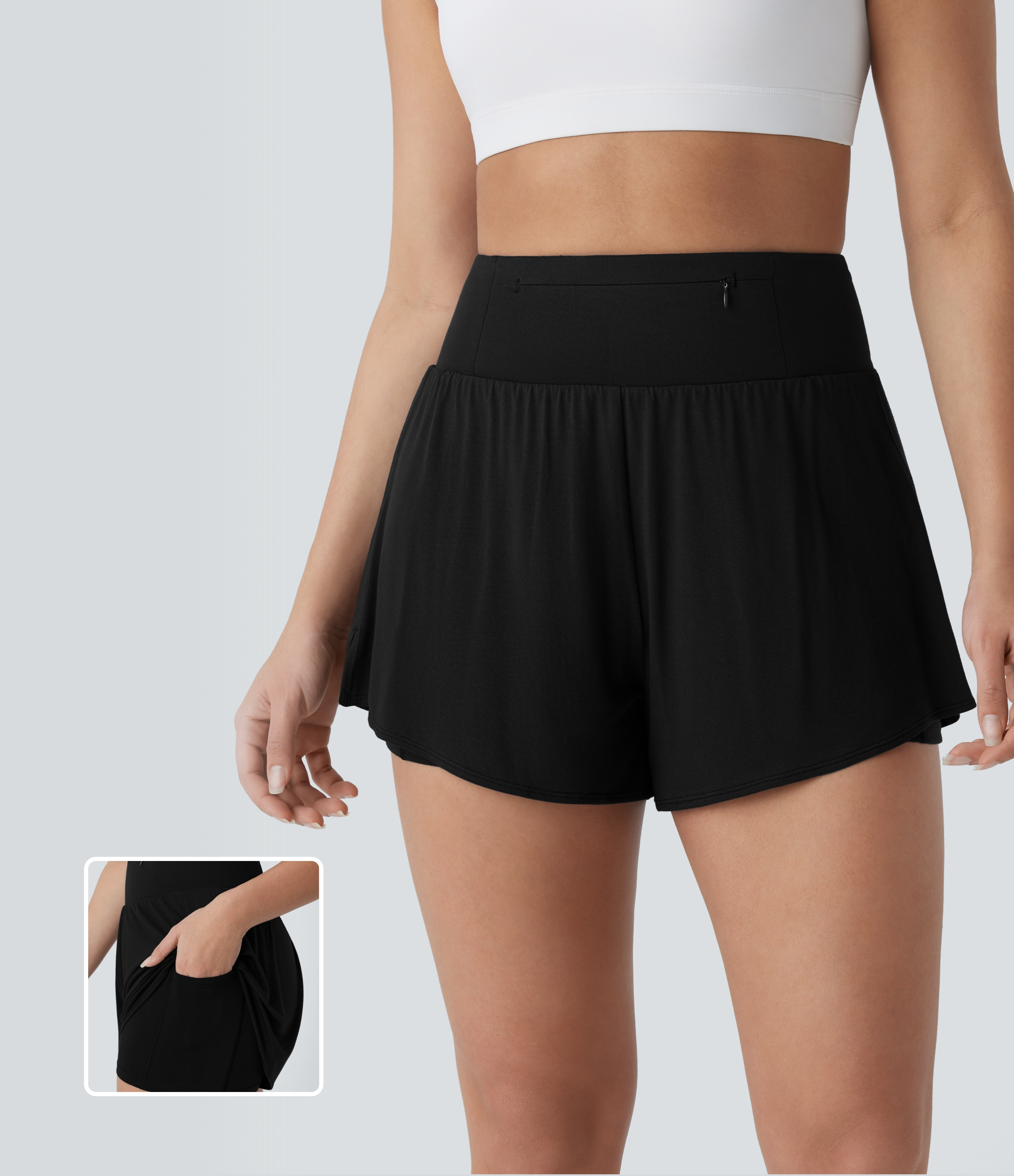 Halara High Waisted Multiple Pockets Split 2-in-1 Yoga Shorts Gym Short - Black - S booty shorts compression shorts yoga shorts | HALARA
