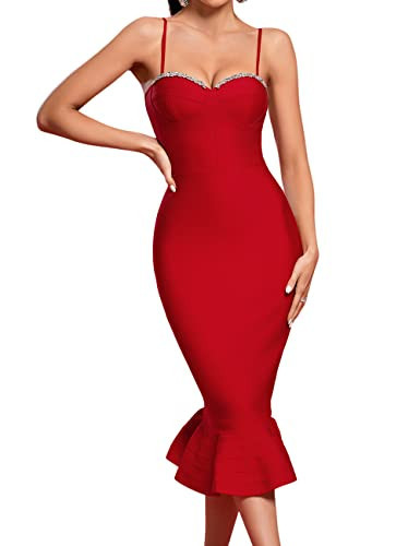 UONBOX Women's Mermaid Sleeveless Rhinestone Bodycon Dress Party Club Midi Bandage Dress Red XS | Amazon (US)
