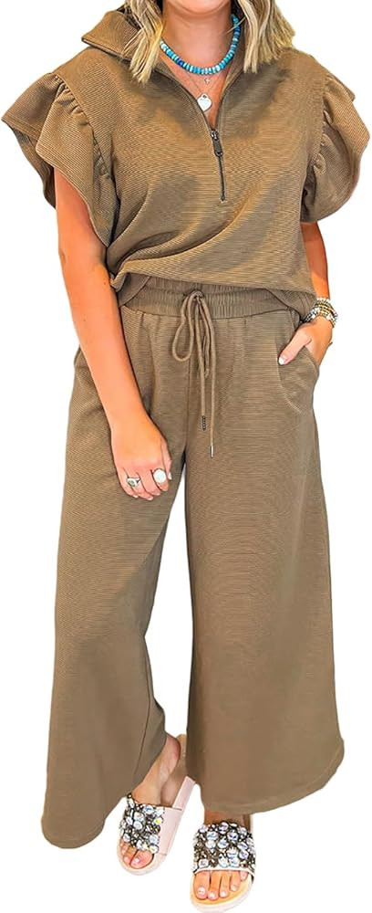 KevaMolly Womens Lounge Sets Textured Ruffled Sleeve Zipped Top and Wide Leg Pants Set Daily Two ... | Amazon (US)