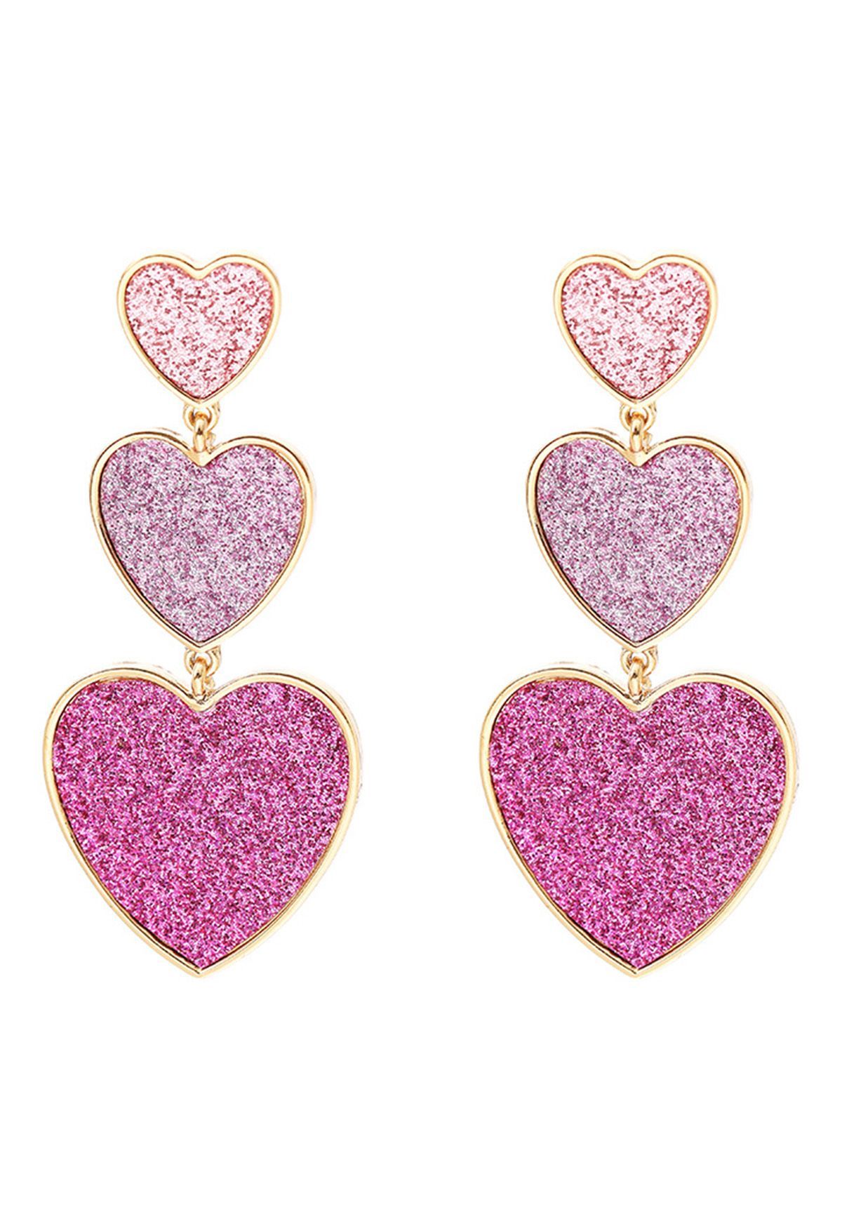 Glittering Triple-Heart Drop Earrings | Chicwish