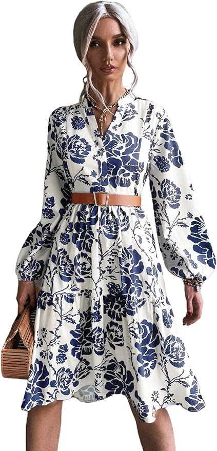 Floerns Women's Floral Print V Neck Ruffle Hem Lantern Long Sleeve Midi Dress | Amazon (US)