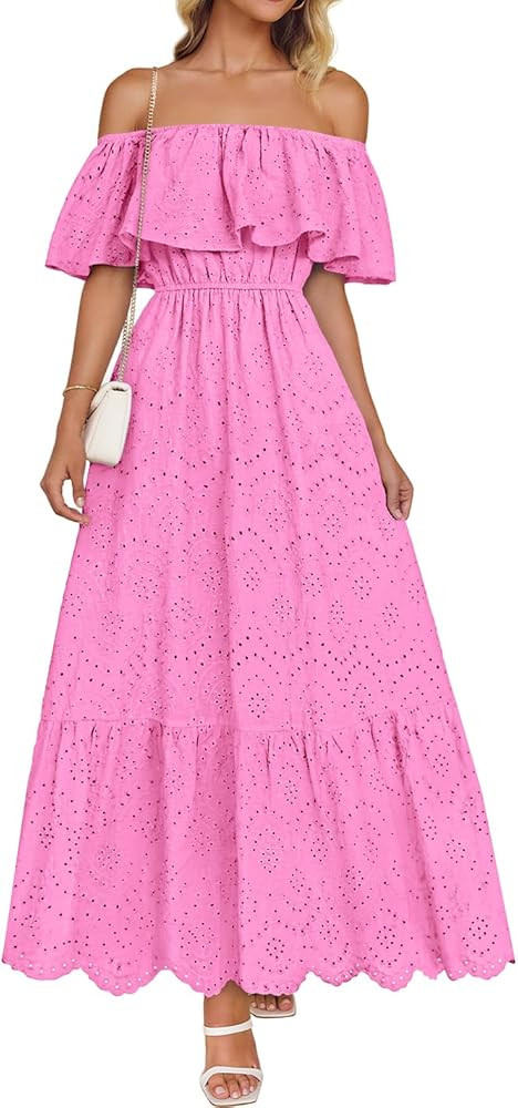 ZESICA Women's 2025 Summer Off Shoulder Ruffle Midi Dress Short Sleeve High Waist Hollow Out Embr... | Amazon (US)