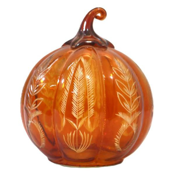 Orange Etched Leaf Glass Pumpkin, 6", sold by At Home | At Home