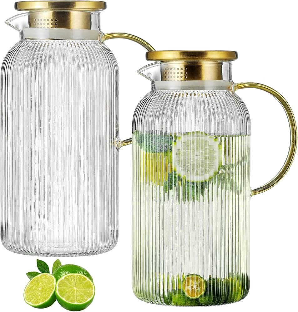 2 PACK Glass Pitcher with Lid, 68 oz/ 2 Liter Classic Vertical Stripes Water Pitcher,Glass Water ... | Amazon (US)