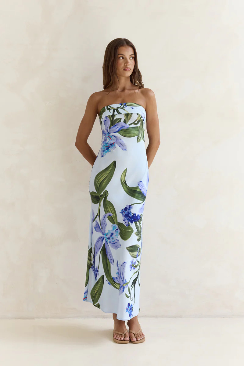 Bells Of Spring Satin Strapless Maxi Dress Blue | Fortunate One