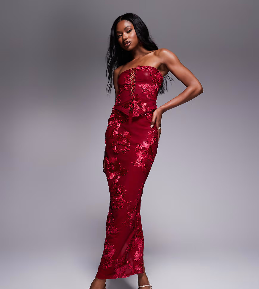 Murci exclusive mesh column maxi skirt in textured red floral applique - part of a set | ASOS (Global)