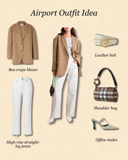 Net-a-porter, The frankie shop, Gucci, Burberry, The row, transitional outfit, transitional style, oversized blazer, tan blazer, white jeans, straight leg jeans, white belt, heeled mules, shoulder bag, Burberry bag, luxury fashion, airport outfit, work outfit, office outfit, style inspiration 

#LTKstyletip #LTKeurope #LTKSeasonal