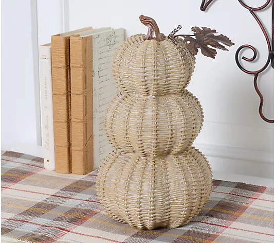 Make Your Selection: 12" Basketweave Stacked Pumpkins with Metal Leaves by Valerie | QVC