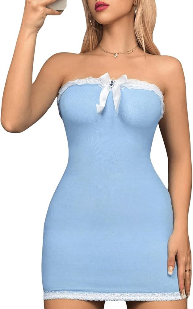 Floerns Women's Lace Trim Bowknot Front Strapless Tube Y2k Bodycon Mini Dress | Amazon (US)