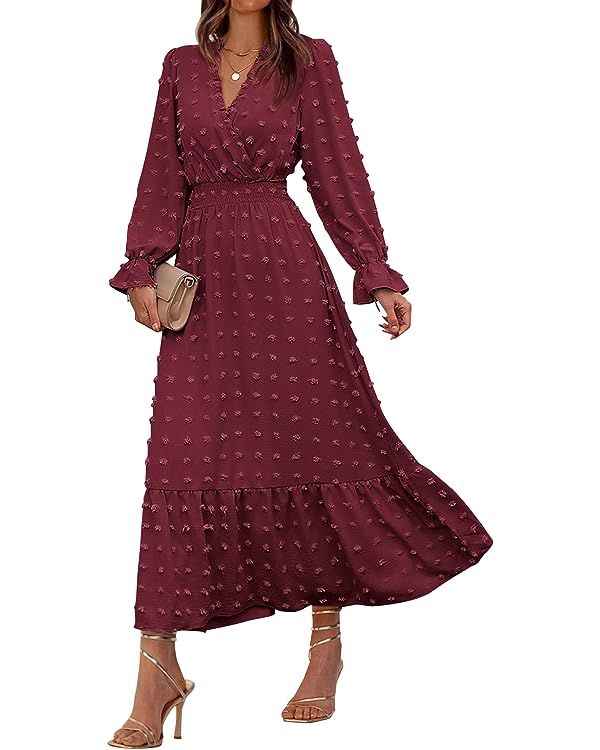 BTFBM Women Fall Dresses 2023 Long Sleeve V Neck Swiss Dots Maxi Dress Boho Long Dress High Waist... | Amazon (US)