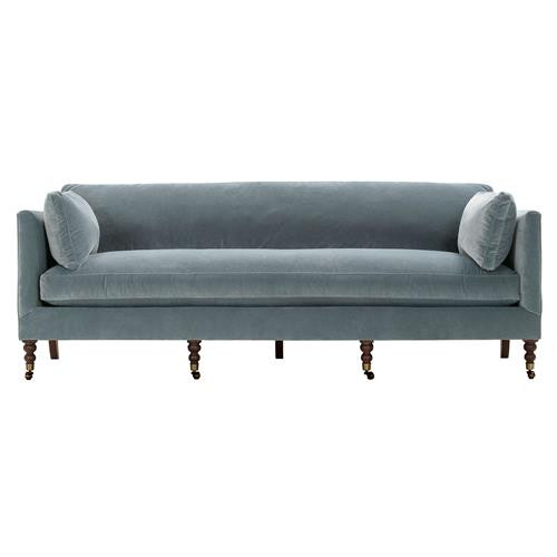 Madeline French Slate Blue Upholstered Brown Wood Pewter Casters Sofa - Large - 90"W | Kathy Kuo Home