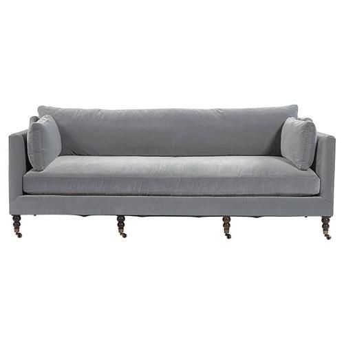 Madeline French Slate Blue Upholstered Brown Wood Pewter Casters Sofa - Large - 90"W | Kathy Kuo Home