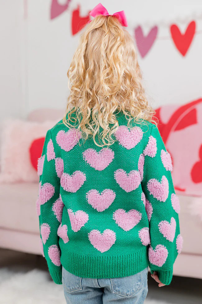 Kid's I'll Be There Green Fuzzy Heart Sweater | Pink Lily