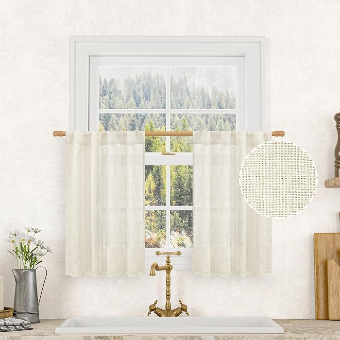 LAMIT Short Linen Curtains 36 Inch Length for Half Window, Cream Ivory Semi Sheer Light Filtering... | Amazon (US)