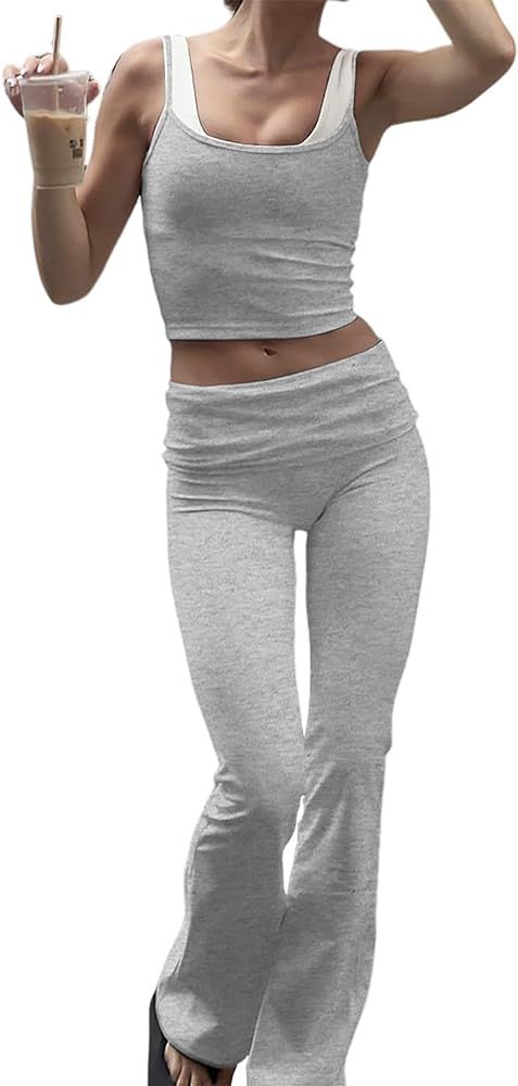 YETOWA Women's Summer 2 Piece Outfit Slim Camisole Top Low Rise Flared Pants Set Versatile Active... | Amazon (US)