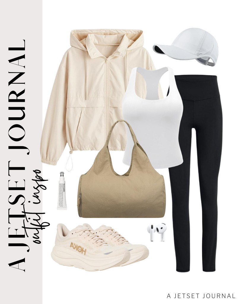 This workout tank top from YEOREO, paired with these #1 bestseller shapewear leggings from SINOPHANT, is our first outfit to style. Layer with this apricot Verdusa windbreaker jacket and step into these Hoka Bondi 9 sneakers. Carry this yoga gym bag and put on this running hat to complete the outfit. 

 #LTKSeasonal #LTKSaleAlert #LTKTravel