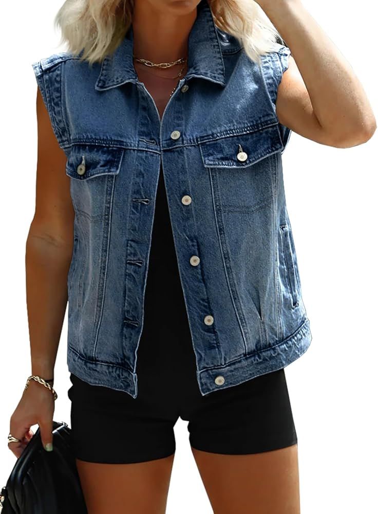 Imily Bela Womens Denim Vest Classic Button Down Sleeveless Jean Jackets Cropped Distressed Vest | Amazon (US)