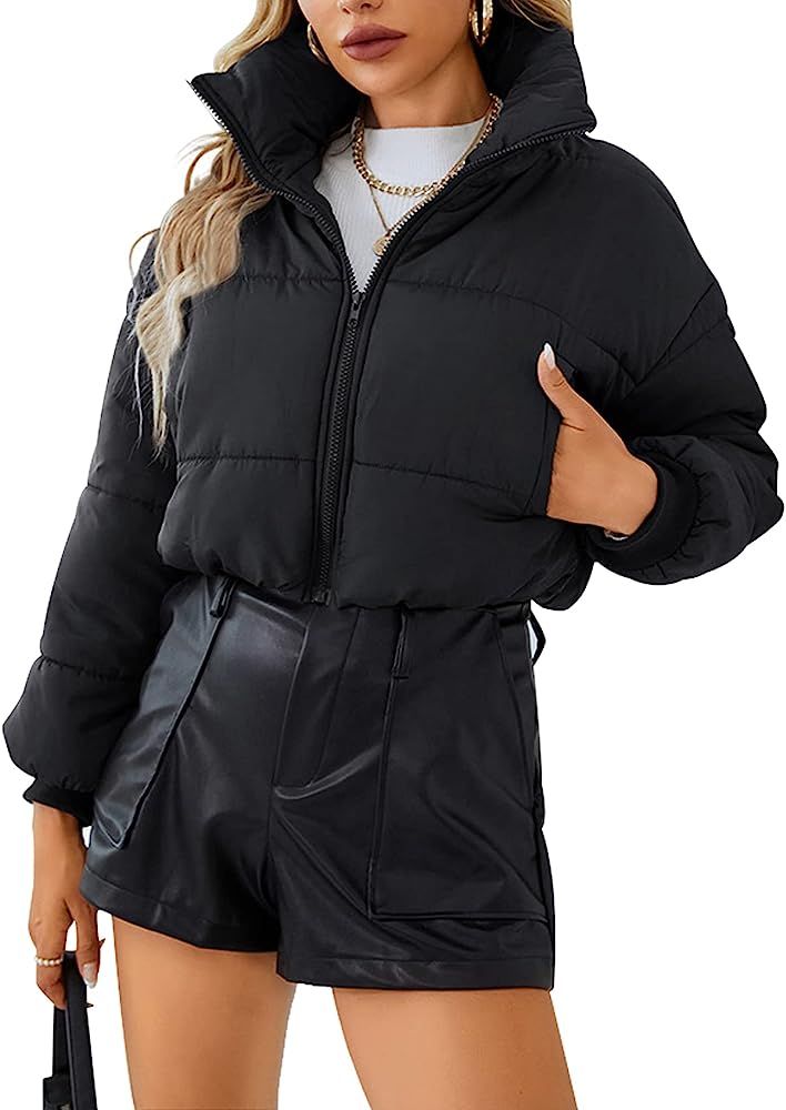 Gihuo Women Cropped Puffer Jackets Winter Zip Up Short Bubble Coat Padding Warm Quilted Crop Oute... | Amazon (US)