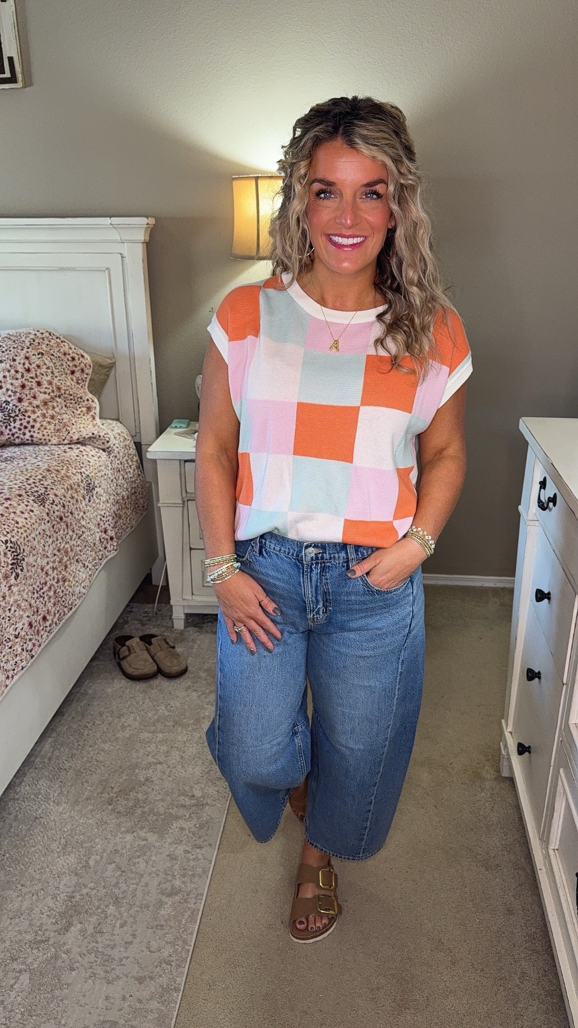 Colorful checkered top styled with mid-rise wide-leg denim and neutral slides. Great for casual weekend outfits, comfy daytime looks, and realistic outfit inspiration. #EverydayOutfit #CasualStyle #OutfitInspo