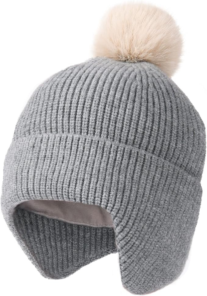 Toddler Baby Winter Hat Warm Fleece Lined Knit Kids Hat with Earflap Infant Newborn Pom Pom Beani... | Amazon (US)