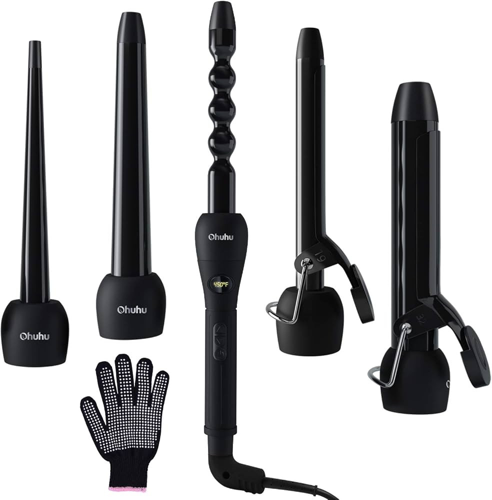 5 in 1 Curling Iron Wand Set, Ohuhu LCD Temperature Display Curling Wand, Instant Heat Up Hair Cu... | Amazon (US)