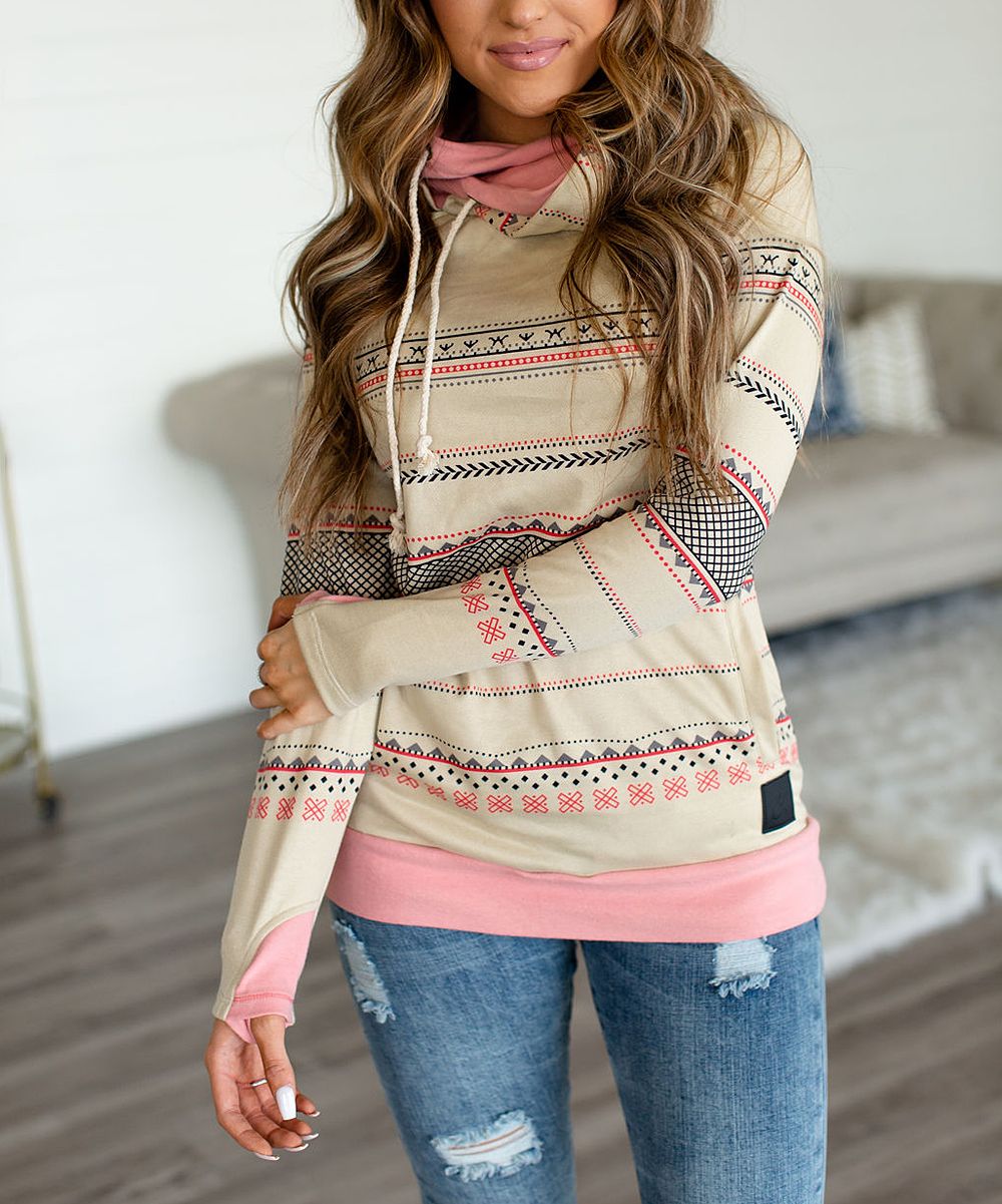 Ampersand Avenue Women's Pullover Sweaters Tan, - Tan & Pink Geometric Girl Gang DoubleHoodTM Hoodie | Zulily