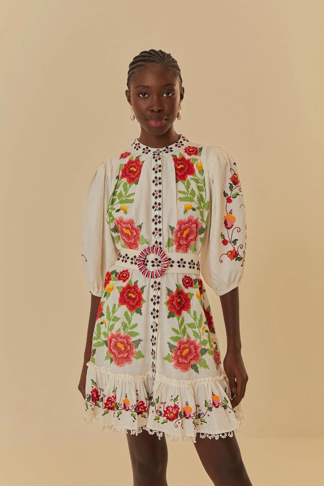 Off-White Embroidered Carmina Floral Short Sleeve Mini Dress | FarmRio