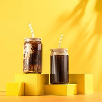 JoyJolt Fluted Glass Tumblers with Bamboo Lids and Glass Straws, Ribbed Can Shaped Drinking Glass... | Amazon (US)