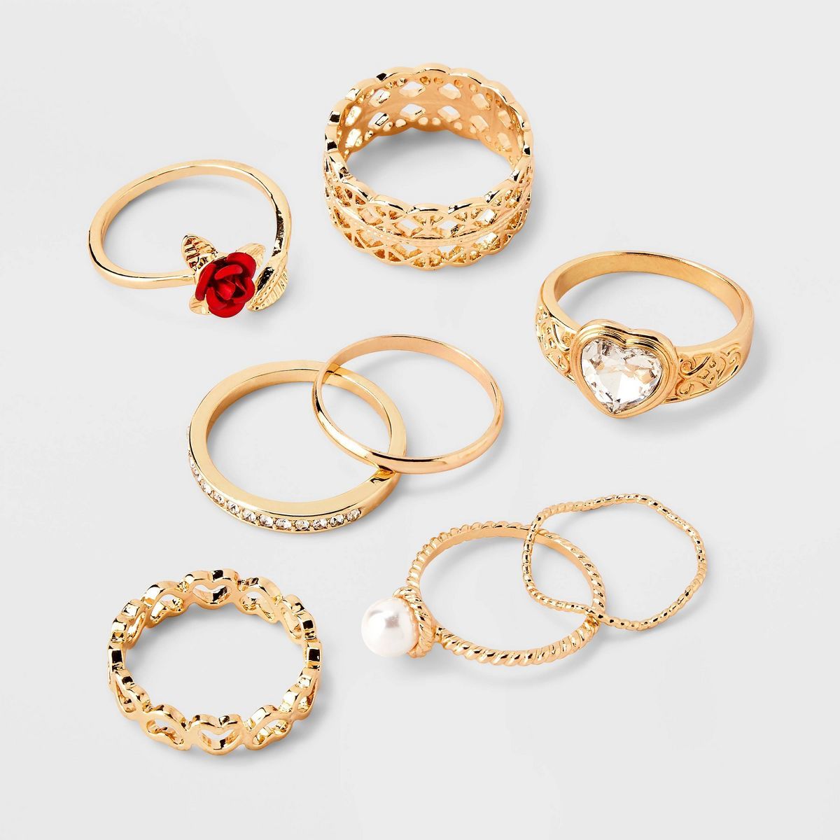 Pearl Heart and Rose Multi Ring Set 8pc - Wild Fable™ Gold | Target