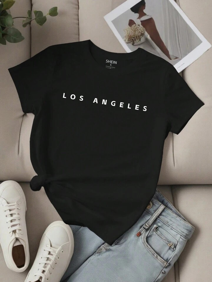 SHEIN EZwear Women Slogan Letter Printed Short Sleeve T-Shirt LOS ANGELES Graphic Tees Women Tops | SHEIN