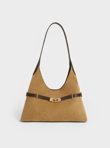 Sahara Sand Arlet Recycled Suede Metallic-Accent Belted Hobo Bag | CHARLES & KEITH | Charles & Keith CA