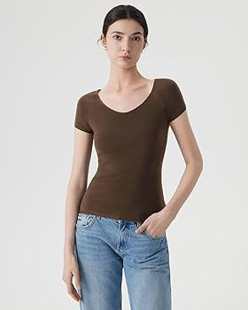 SUUKSESS Women Short Sleeve Sweater Blend Wide V Neck Tops Casual Essential Shirts Silk Cashmere ... | Amazon (US)